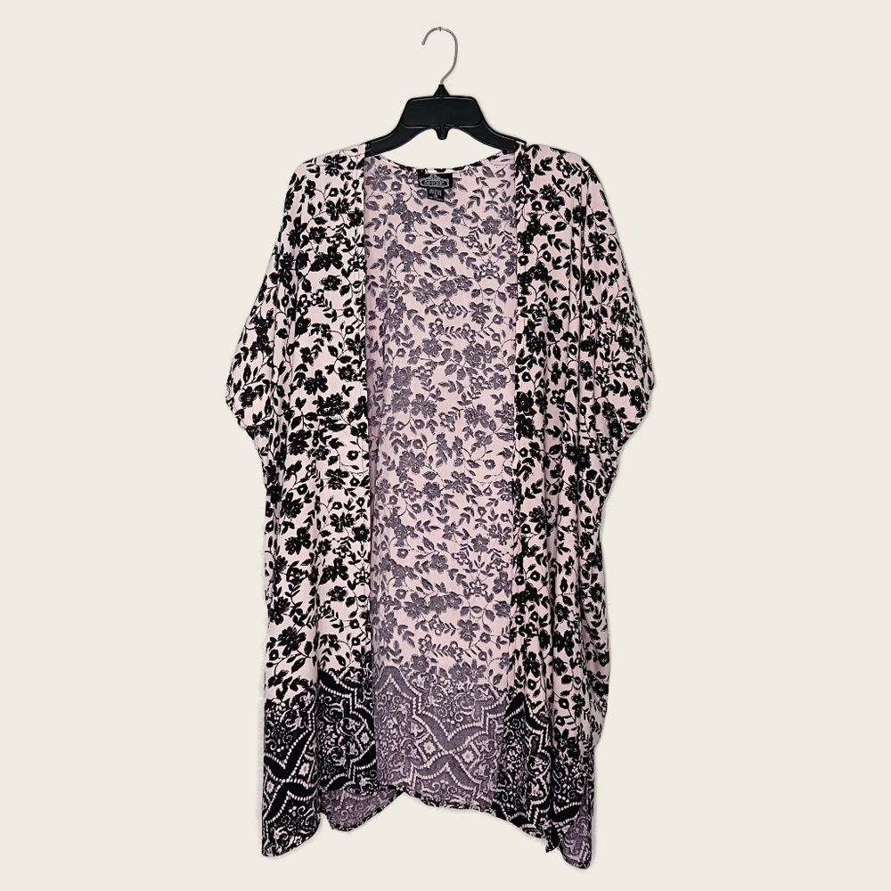 Angie Cream & Black Floral Open Front Kimono Cardigan
